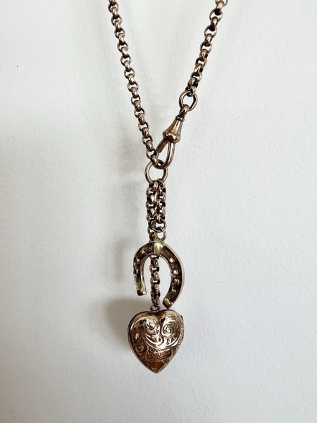 Antique Vintage 9k Yellow Gold Heart Locket & Horseshoe Pendant Charm Necklace Carousel 16
