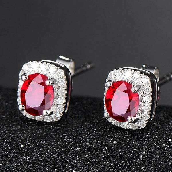 Studs Oval Shaped Ruby Gold Plated Platinum Earrings Carousel 2