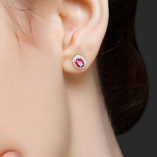 Studs Oval Shaped Ruby Gold Plated Platinum Earrings Carousel 3