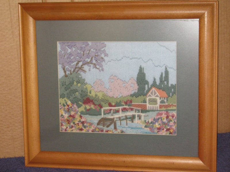 Pond and Bridge With Bush Longstitch - Framed with non reflective glass Carousel 2