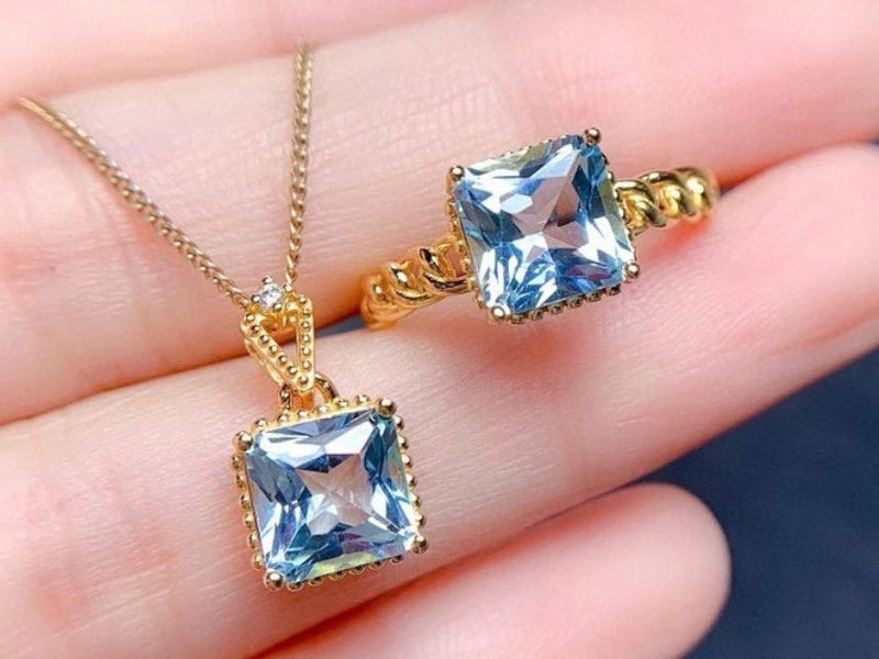Blue Topaz Ring & Necklace Set / Sapphire CZ Pendant Necklace + Ring Gold Plated Carousel 1