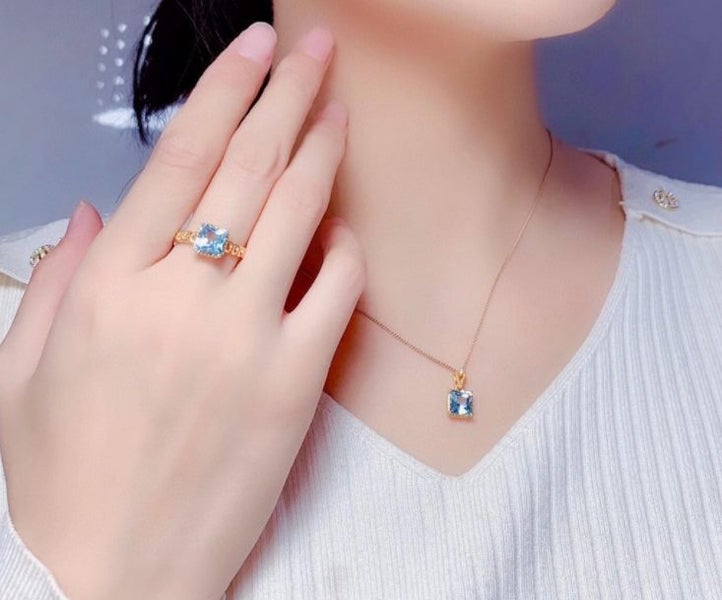 Blue Topaz Ring & Necklace Set / Sapphire CZ Pendant Necklace + Ring Gold Plated Carousel 2