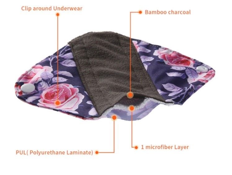 10 x Eco Pads Panty Liners with Charcoal & PUL Lining, Clip-On, Incontinence Carousel 1
