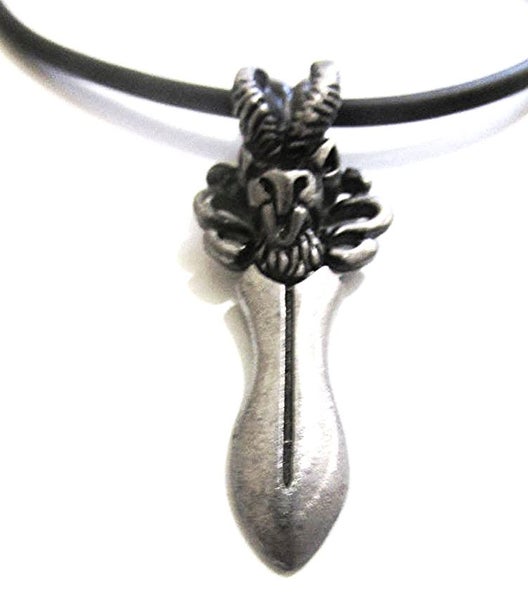 Pewter sword/goat head design on black cord, 40cm long. Carousel 1