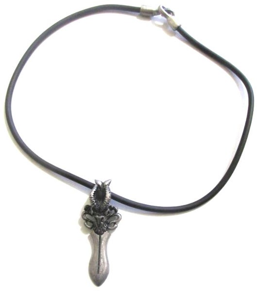 Pewter sword/goat head design on black cord, 40cm long. Carousel 2