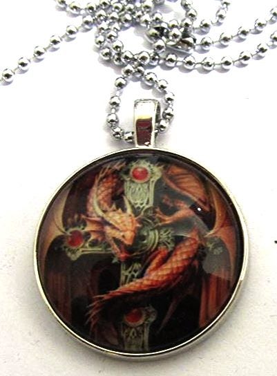 'Gothic Guardian' dragon necklace, by Anne Stokes. Large silver coloured base Carousel 1