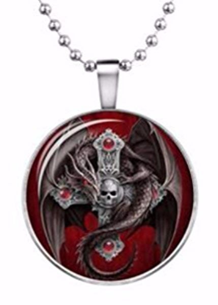 'Gothic Guardian' dragon necklace, by Anne Stokes. Large silver coloured base Carousel 1