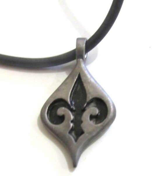 Pewter Fleur-de-lis design on black cord, 40cm long. Carousel 1