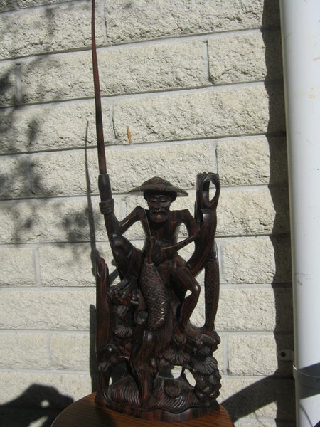 Fisherman with rod / Handmade wooden statue / Indonesian wood 64.5cm. Carousel 1