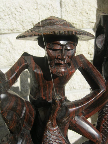 Fisherman with rod / Handmade wooden statue / Indonesian wood 64.5cm. Carousel 2
