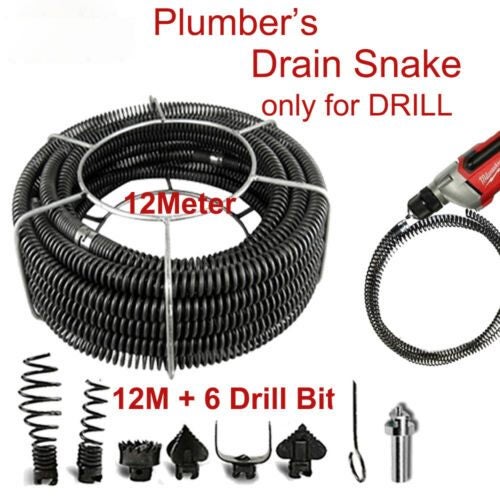Plumber Drain Snake Pipe Pipeline Sewer Cleaner 12M with 6 Drill Bit for Drill Carousel 1
