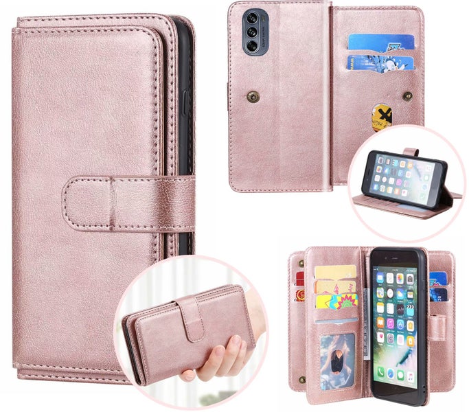 Moto g62 5g case PU leather retro style 10 card triple wallet rose gold Carousel 1