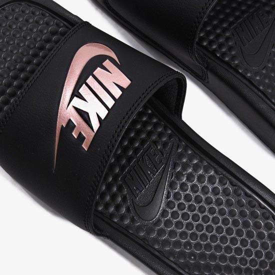 Nike benassi slides women's black and sale rose gold