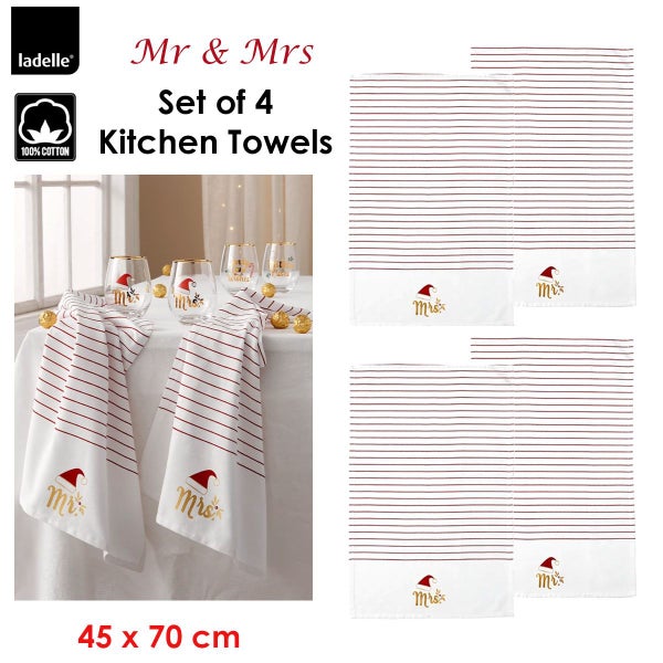 Ladelle Mr & Mrs Christmas Hat Set of 4 Cotton Kitchen Towels 45 x 70 cm Carousel 2