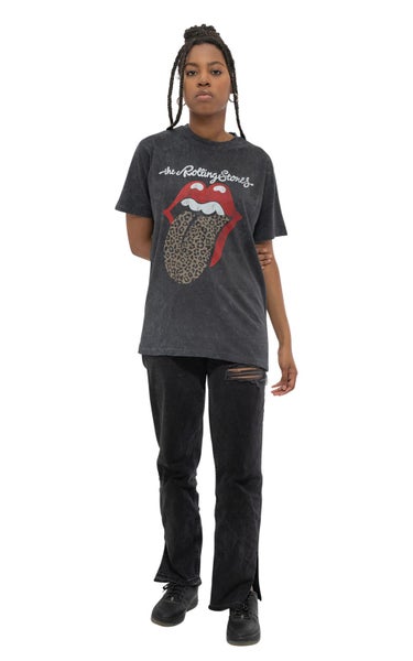 The Rolling Stones T Shirt Leopard Tongue new Official Unisex Black Acid Wash Carousel 2