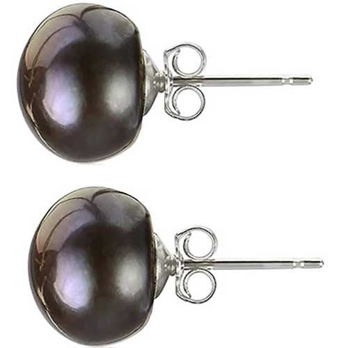 925 Sterling Silver Button Pearl Stud Earrings 8.5mm "Treena" (Black) Carousel 1