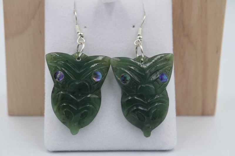New Zealand Greenstone Drop Mask Earrings with Stg silver setting Carousel 1