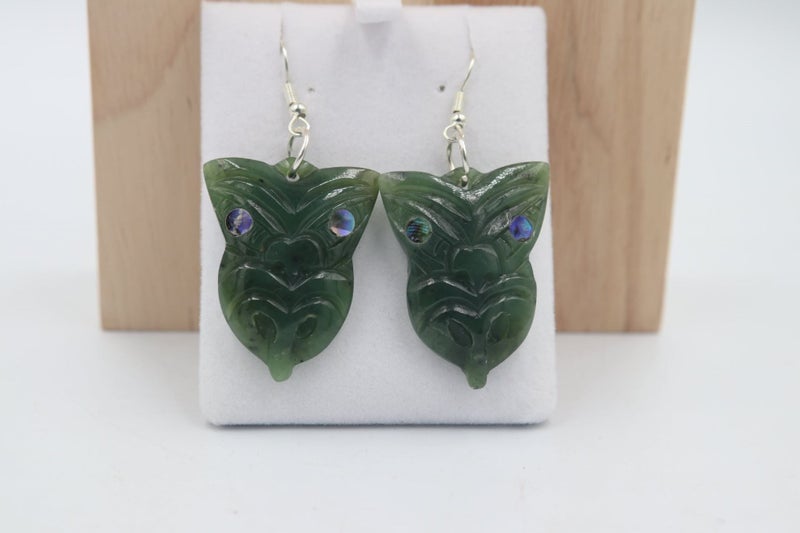 New Zealand Greenstone Drop Mask Earrings with Stg silver setting Carousel 2