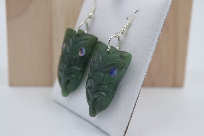 New Zealand Greenstone Drop Mask Earrings with Stg silver setting Carousel 5