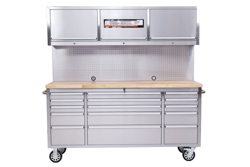 Stainless Steel 72" Roller Tool Cabinet with Pegboard & 3 Overhead Cabinets