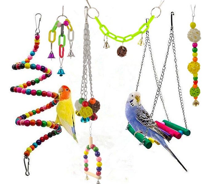 7 Pieces Bird Toys Multi functions Parrot Cage Bells Swing Chewing Swing Toys Carousel 1