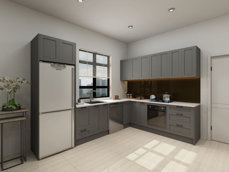 Shaker style Kitchen - complete kitchen with Laminate benchtop, New style GREY, Carousel 1