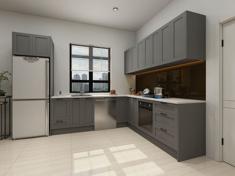 Shaker style Kitchen - complete kitchen with Laminate benchtop, New style GREY, Carousel 2