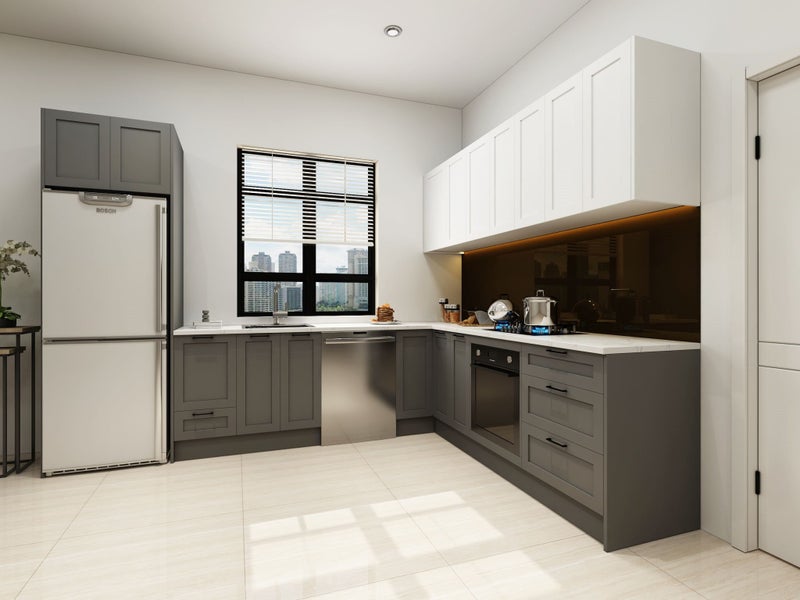 Shaker style Kitchen - complete kitchen with Laminate benchtop, Two tone. Carousel 1