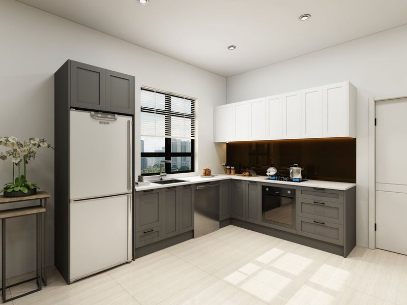 Shaker style Kitchen - complete kitchen with Laminate benchtop, Two tone. Carousel 2