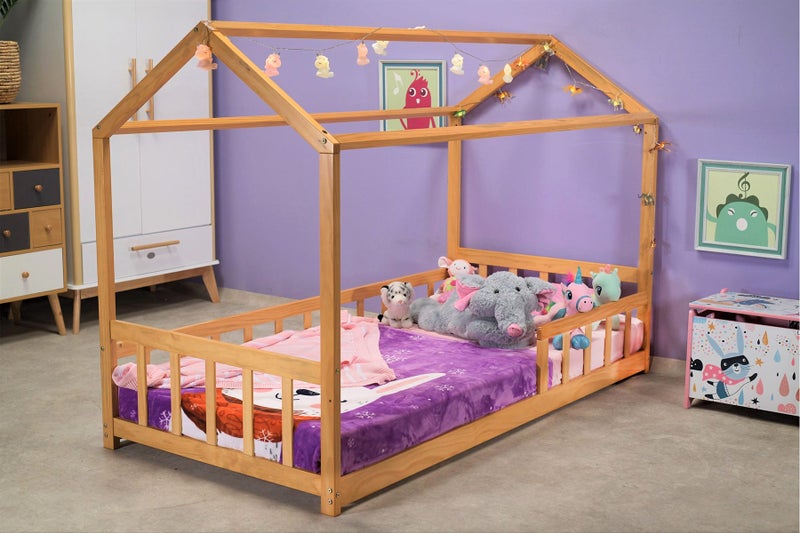 Kapai PLUTO 1 Wooden Toddler House Bed with Railing - NATURAL Carousel 1