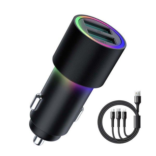 4.8A Dual USB Car Charger+3-in-1 USB Charging Cable For Apple iPhone Android Carousel 1
