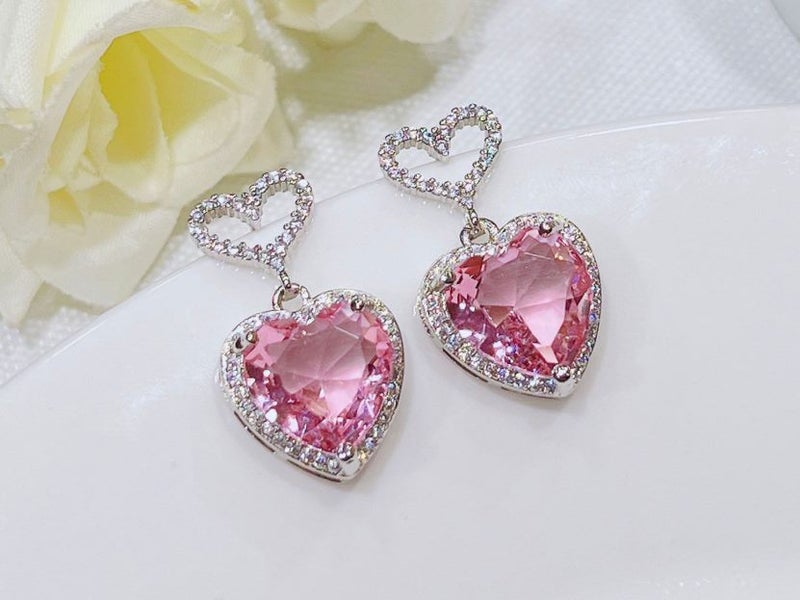 Pink CZ Heart Stud Earrings Carousel 1