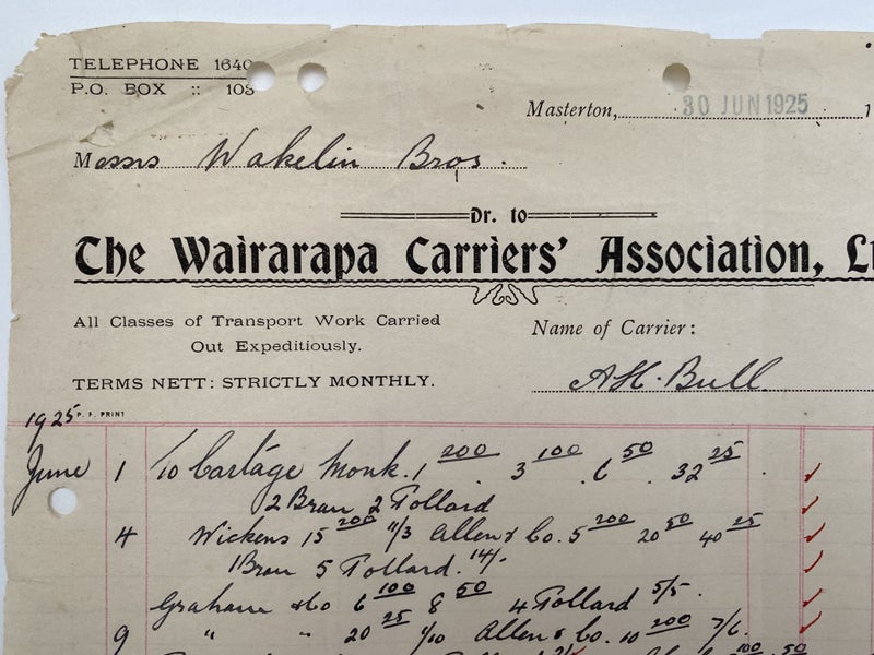 OLD INVOICE / RECEIPT: Wairarapa Carriers' Ass'n Ltd, Masterton 1925 (97 yo) Carousel 1