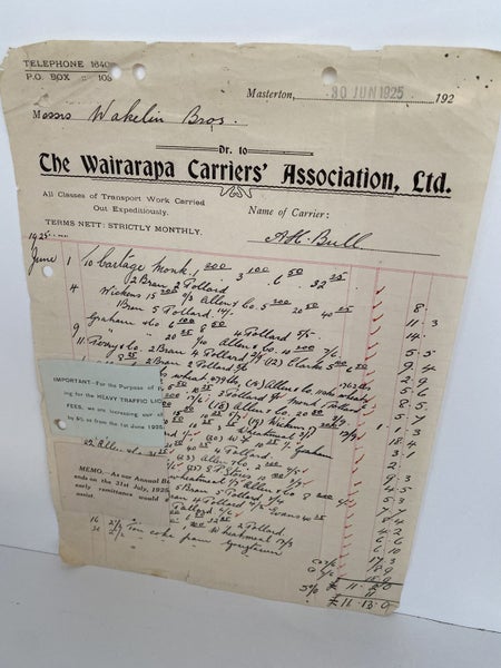 OLD INVOICE / RECEIPT: Wairarapa Carriers' Ass'n Ltd, Masterton 1925 (97 yo) Carousel 2