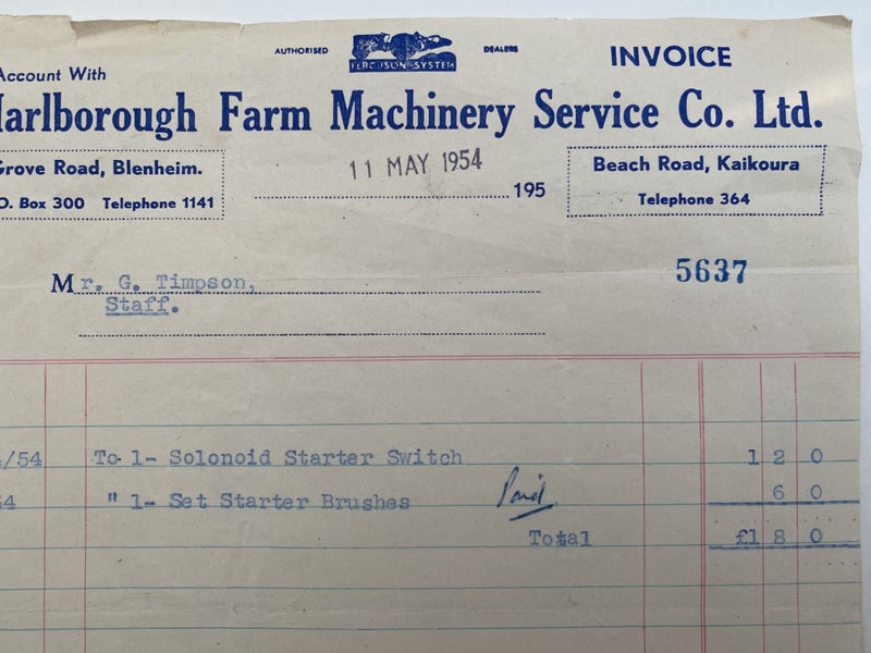 OLD INVOICE / RECEIPT: Marlborough Farm Machinery Service Co, Blenheim 1954 Carousel 1