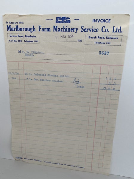 OLD INVOICE / RECEIPT: Marlborough Farm Machinery Service Co, Blenheim 1954 Carousel 2