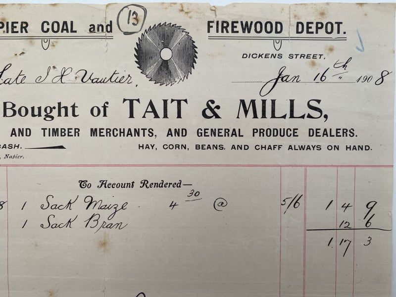 ANTIQUE INVOICE / RECEIPT: Tait and Mills, Coal and Timber 1908 (114 yo) Carousel 1