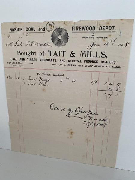 ANTIQUE INVOICE / RECEIPT: Tait and Mills, Coal and Timber 1908 (114 yo) Carousel 2