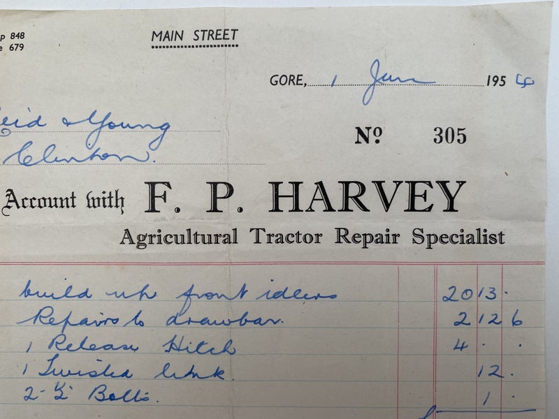 OLD INVOICE / RECEIPT: F. P. Harvey, Gore - Agricultural Tractor Repairs 1954 Carousel 1