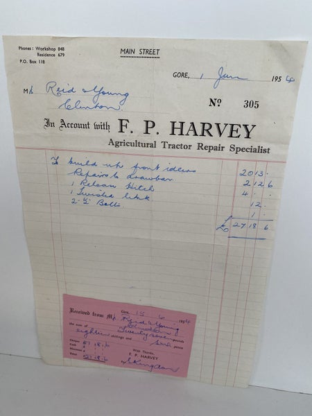 OLD INVOICE / RECEIPT: F. P. Harvey, Gore - Agricultural Tractor Repairs 1954 Carousel 2