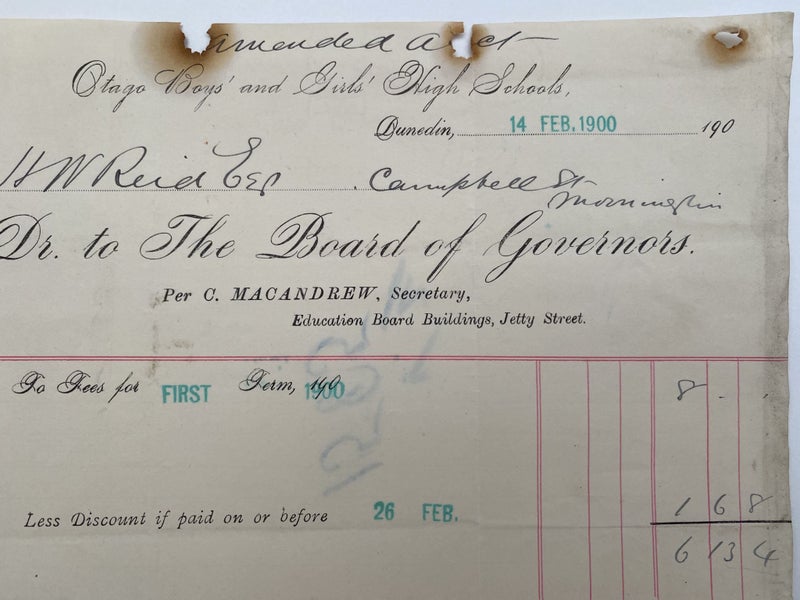 ANTIQUE INVOICE / RECEIPT: Otago Boys & Girls High Schools, Dunedin 1900 Carousel 1