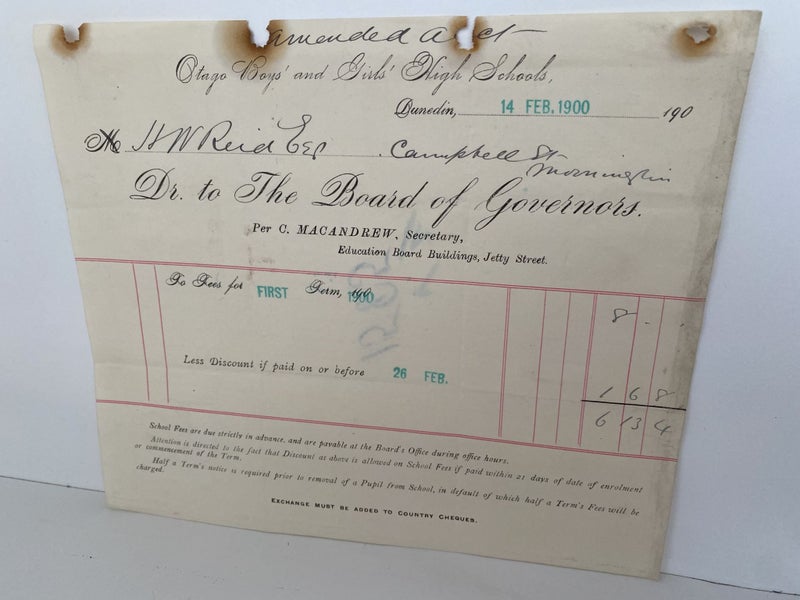 ANTIQUE INVOICE / RECEIPT: Otago Boys & Girls High Schools, Dunedin 1900 Carousel 2