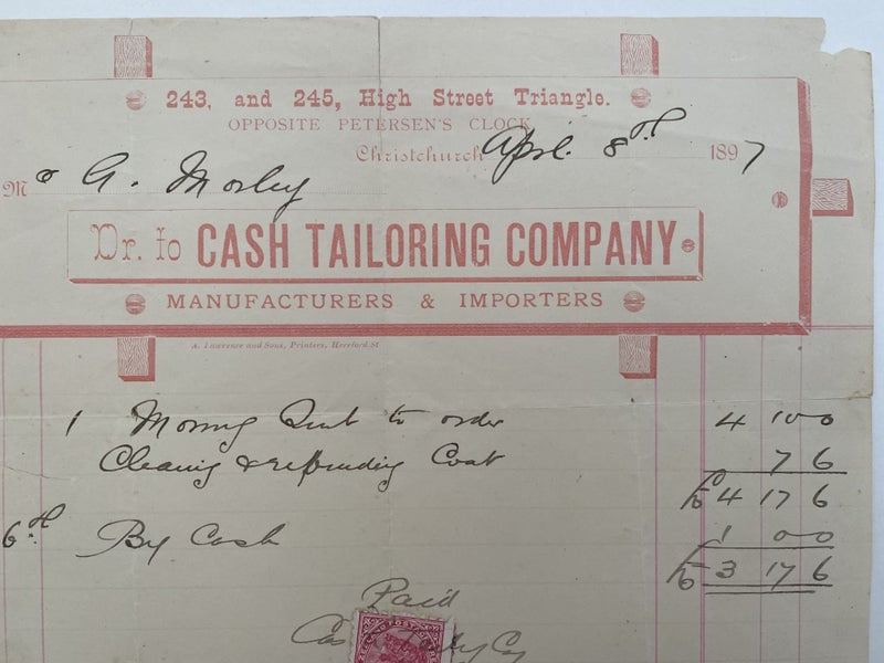ANTIQUE INVOICE / RECEIPT: Cash Tailoring Company, Christchurch 1897 (125 yo) Carousel 1