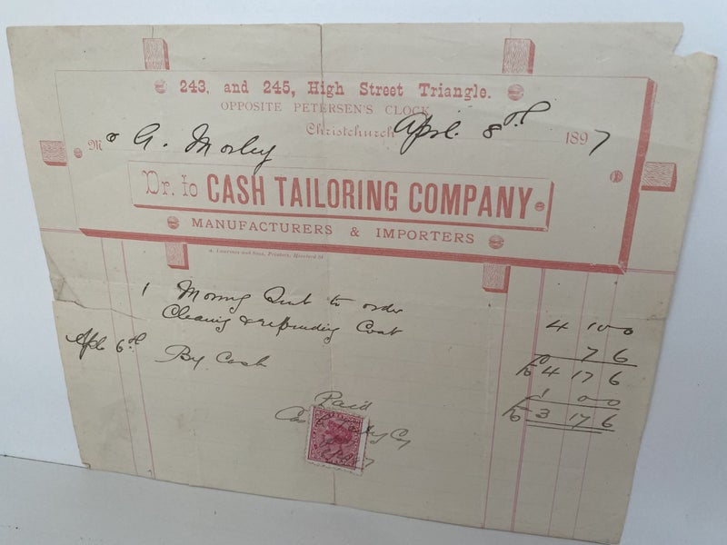 ANTIQUE INVOICE / RECEIPT: Cash Tailoring Company, Christchurch 1897 (125 yo) Carousel 2