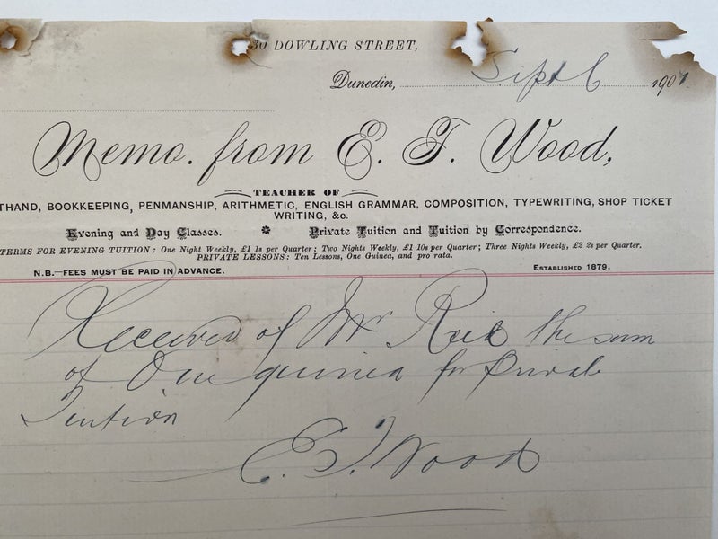 ANTIQUE INVOICE / RECEIPT: E. J. Wood, Dunedin - Teacher 1907 (115 yo) Carousel 1