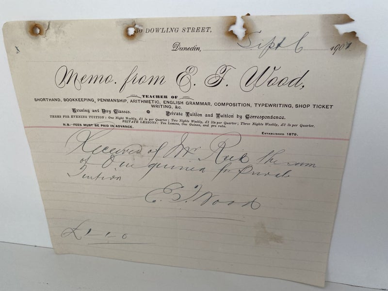 ANTIQUE INVOICE / RECEIPT: E. J. Wood, Dunedin - Teacher 1907 (115 yo) Carousel 2