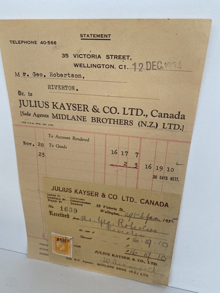 OLD INVOICE / RECEIPT: Julius Kayser & Co. Ltd, Wellington - Agents 1934 Carousel 2