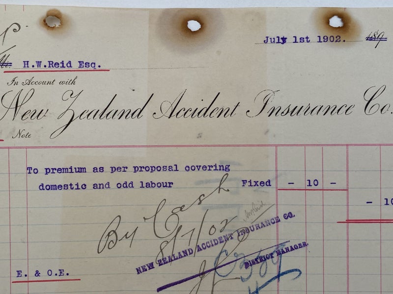 ANTIQUE INVOICE / RECEIPT: New Zealand Accident Insurance Co. 1902 (120 yo) Carousel 1