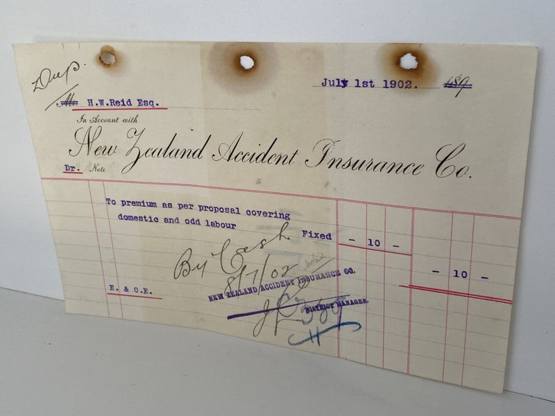 ANTIQUE INVOICE / RECEIPT: New Zealand Accident Insurance Co. 1902 (120 yo) Carousel 2