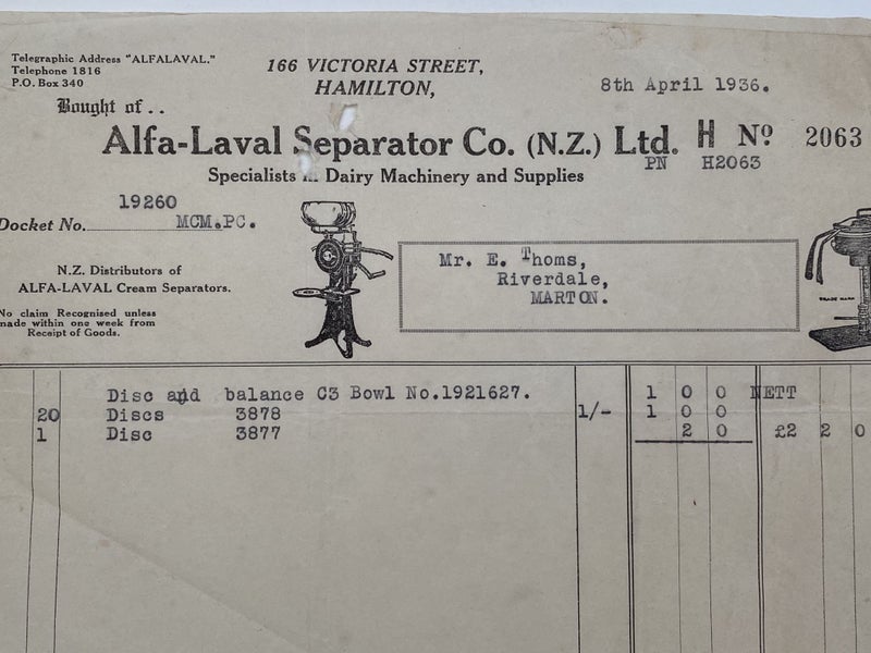 OLD INVOICE / RECEIPT: Alfa-Laval Separator Co, Hamilton - Dairy Machines 1936 Carousel 1